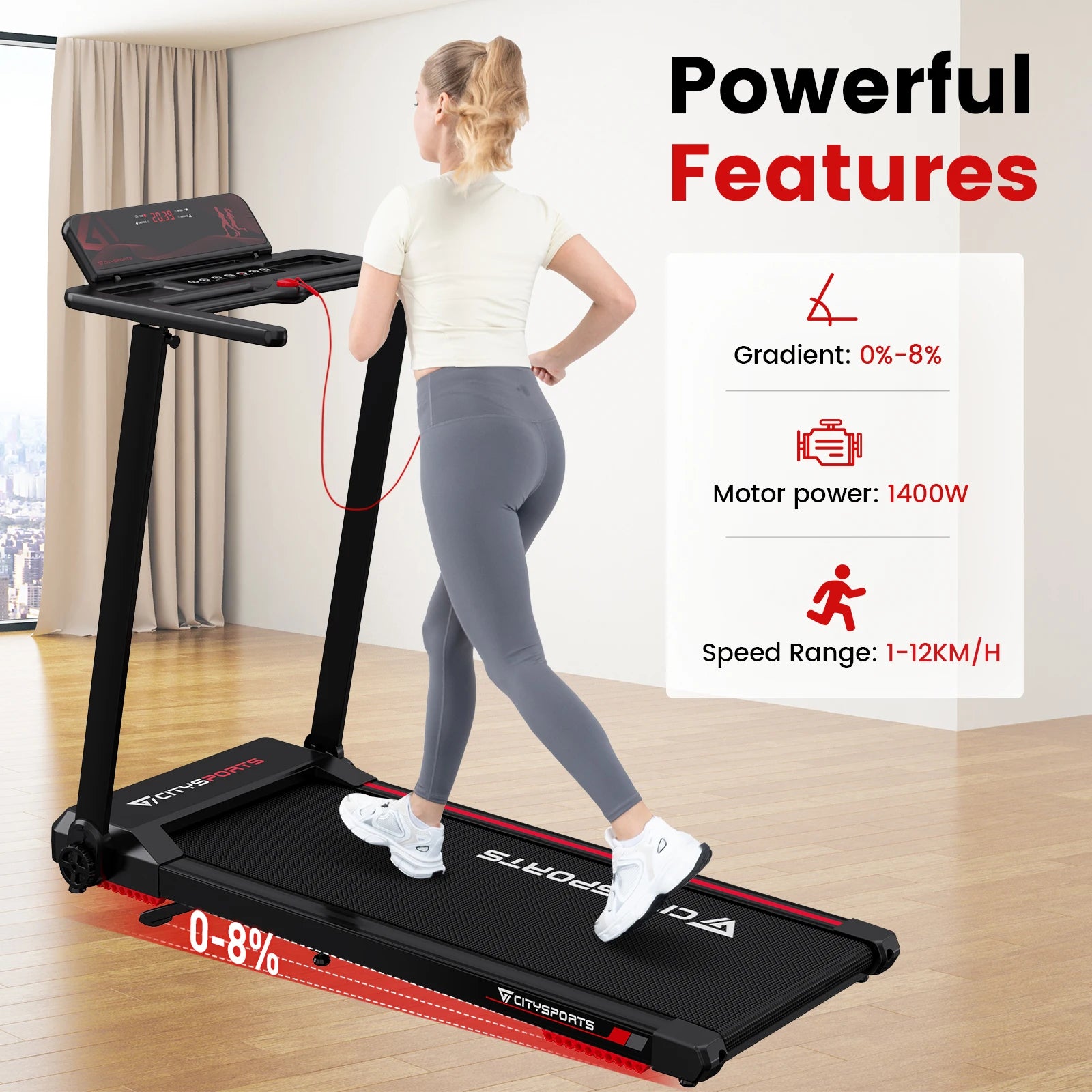 CITYSPORTS PRO Electric Folding Treadmill with Auto Incline - 12 km/h Max Speed, Smart App Control, LED Display, Compact Home &